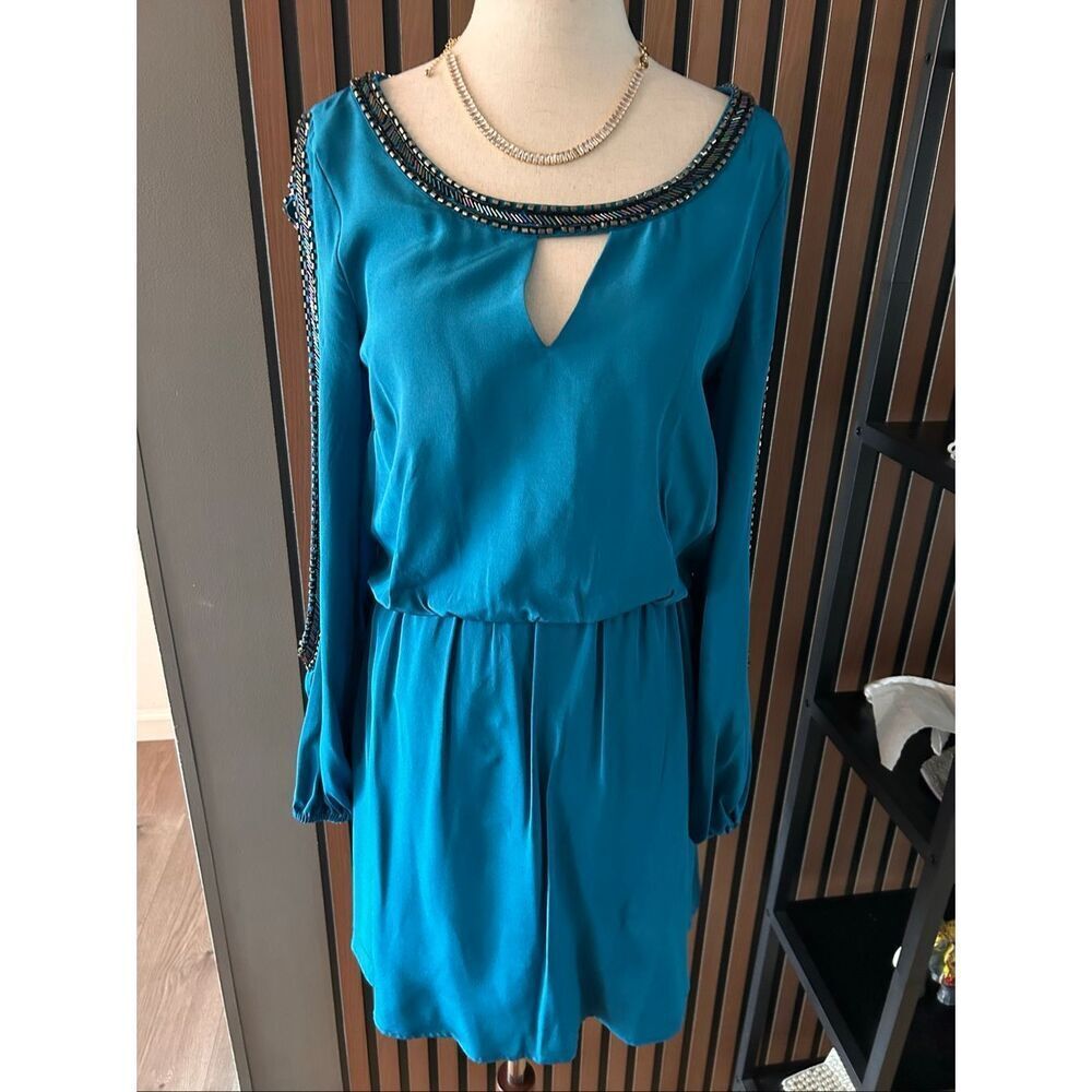 Madison Marcus women’s blue dress long sleeve short size XS 100% silk